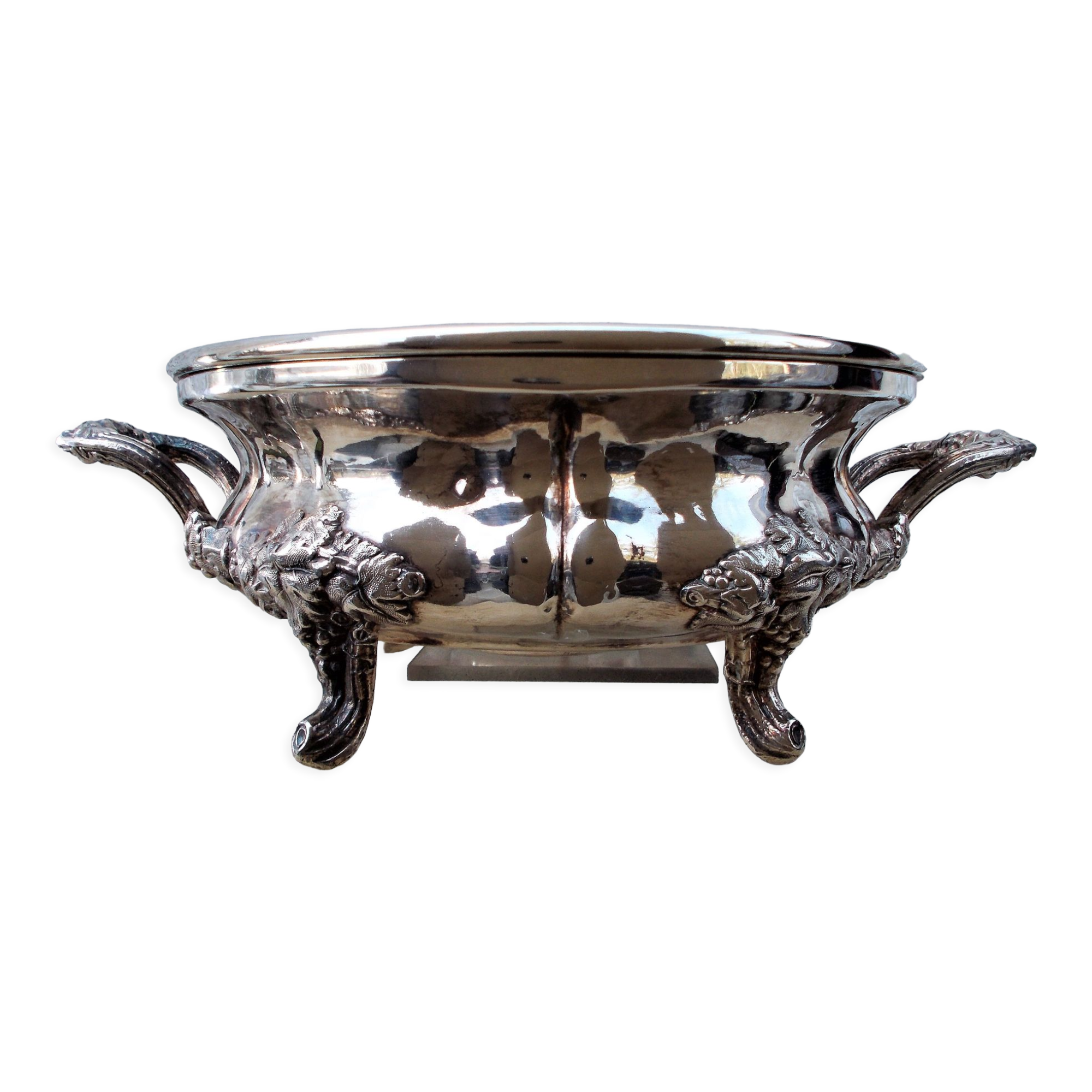 Antique silver-plated metal tealight with vine branch decoration