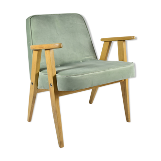 Classic Polish Vintage Armchair, model 366 designed by J. Chierowski, 1960, olive velvet, oak wood