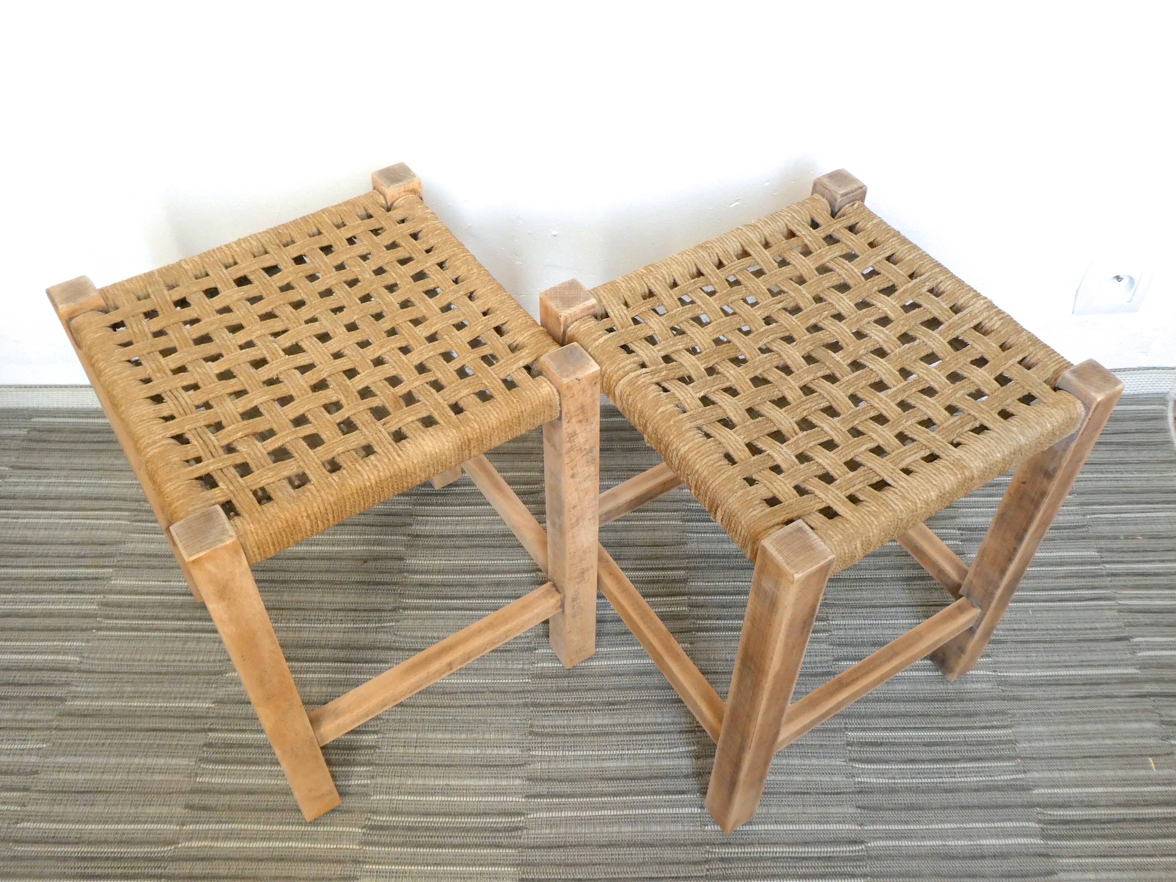 Paire de tabourets en bois et corde années 60