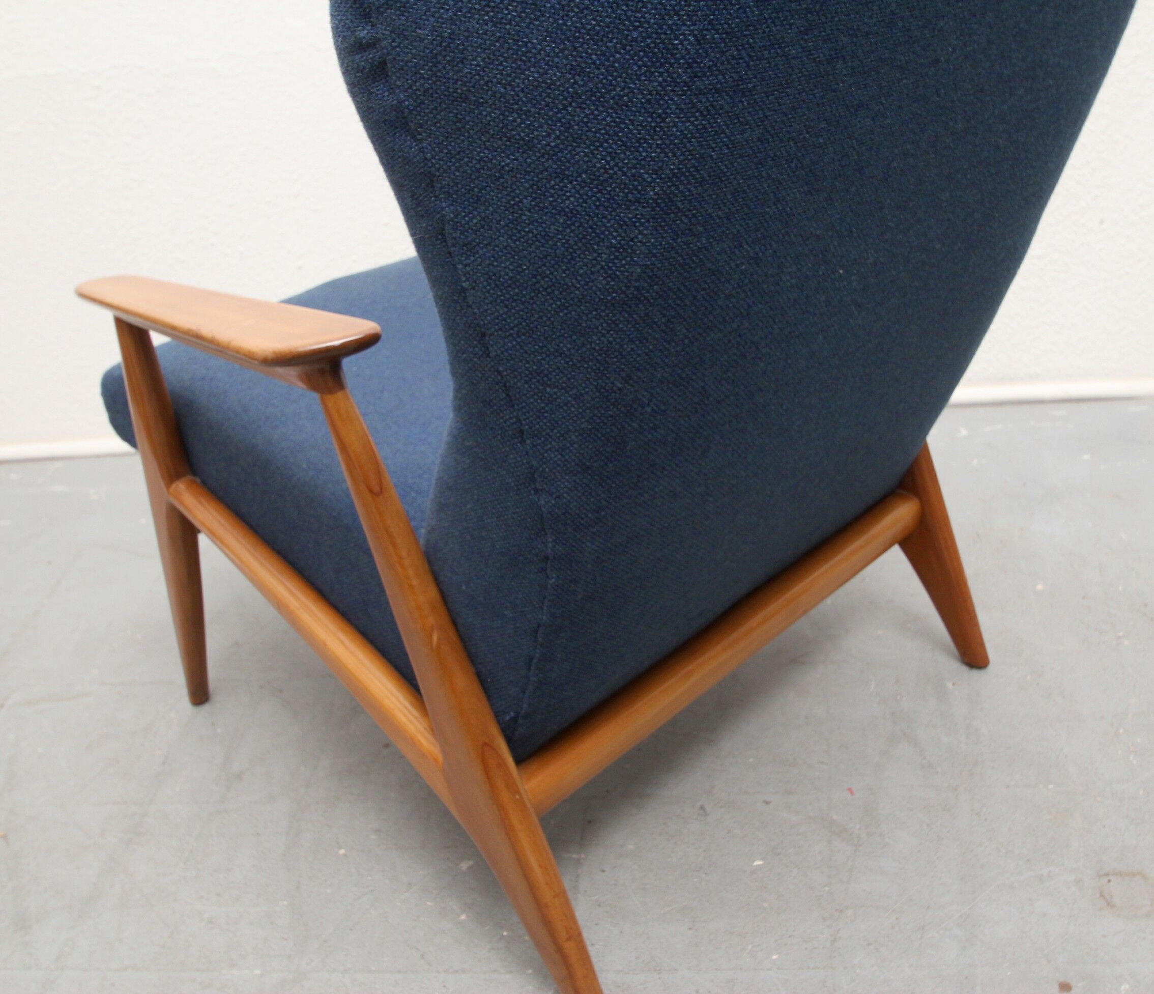 Danish armchair in cherry wood and dark blue fabric