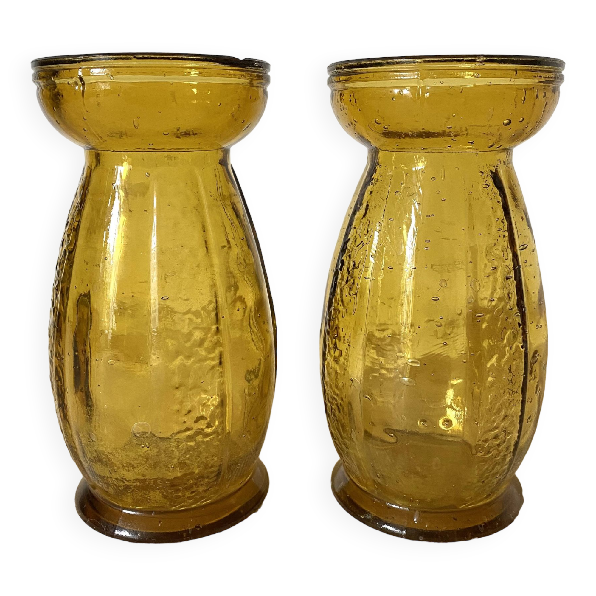 Paire de vases à jacinthe en verre ambré bullé
