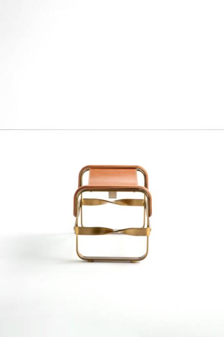 Footrest in Aged Brass and Natural Leather, Contemporary Style