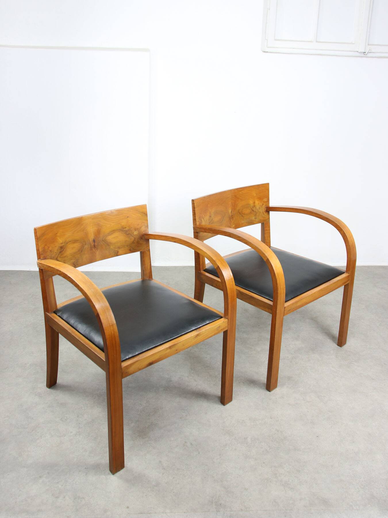 Italian Art Deco Lounge Chairs in Wood & Black Leatherette, set of 2