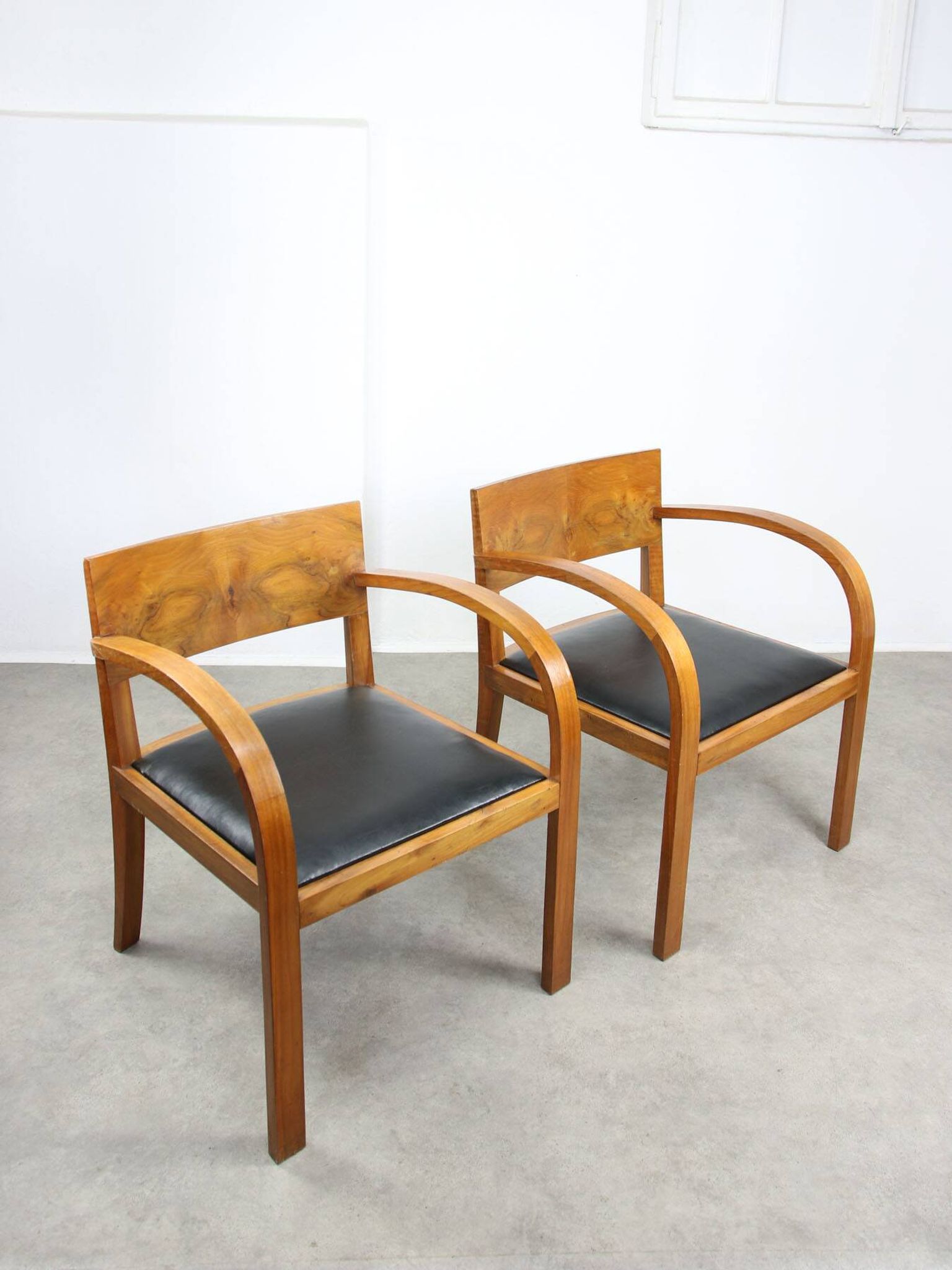 Italian Art Deco Lounge Chairs in Wood & Black Leatherette, set of 2