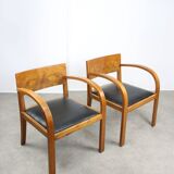 Italian Art Deco Lounge Chairs in Wood & Black Leatherette, set of 2