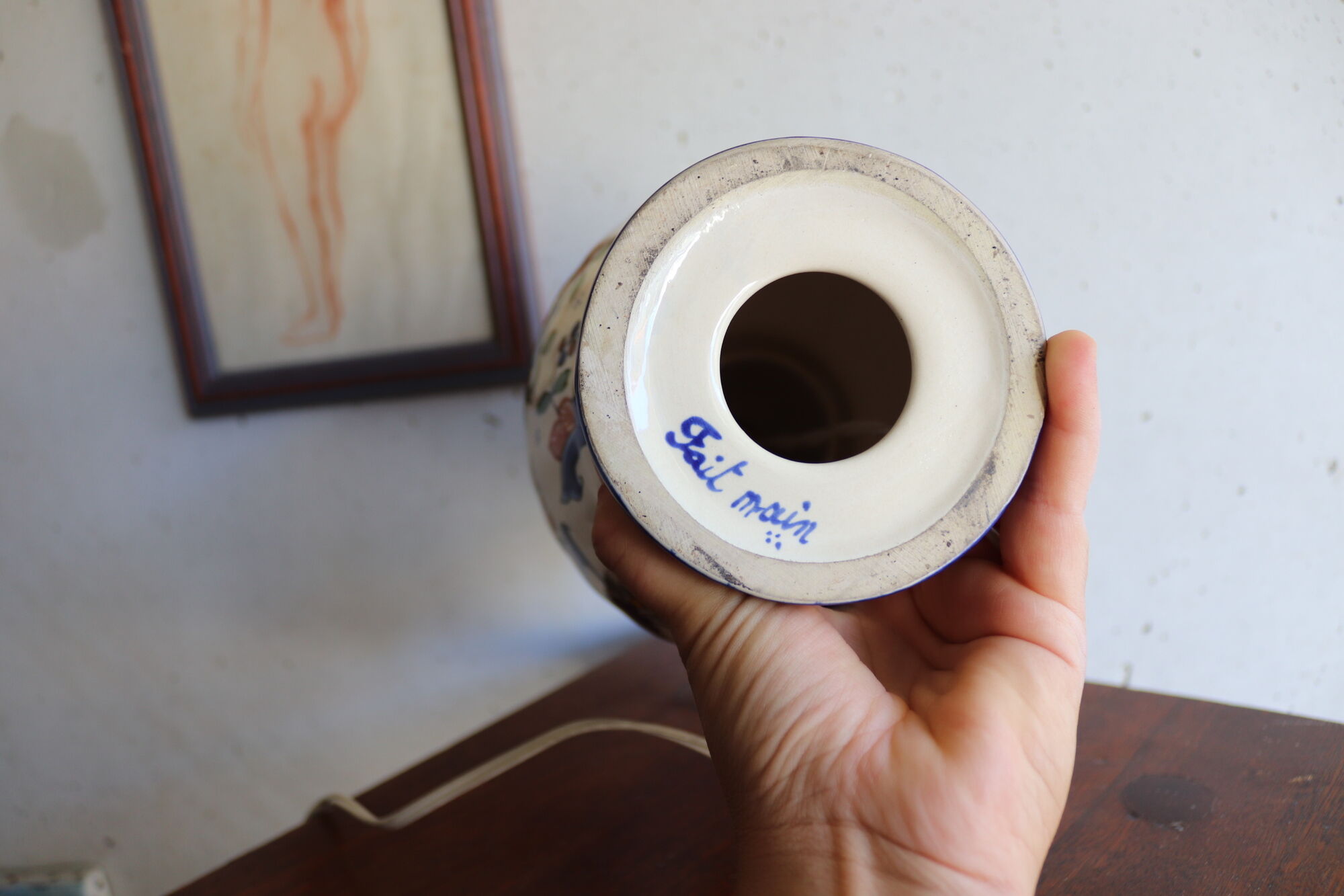 Earthenware lamp base "vieux rouen" from the Manufacture d'art Desvroise