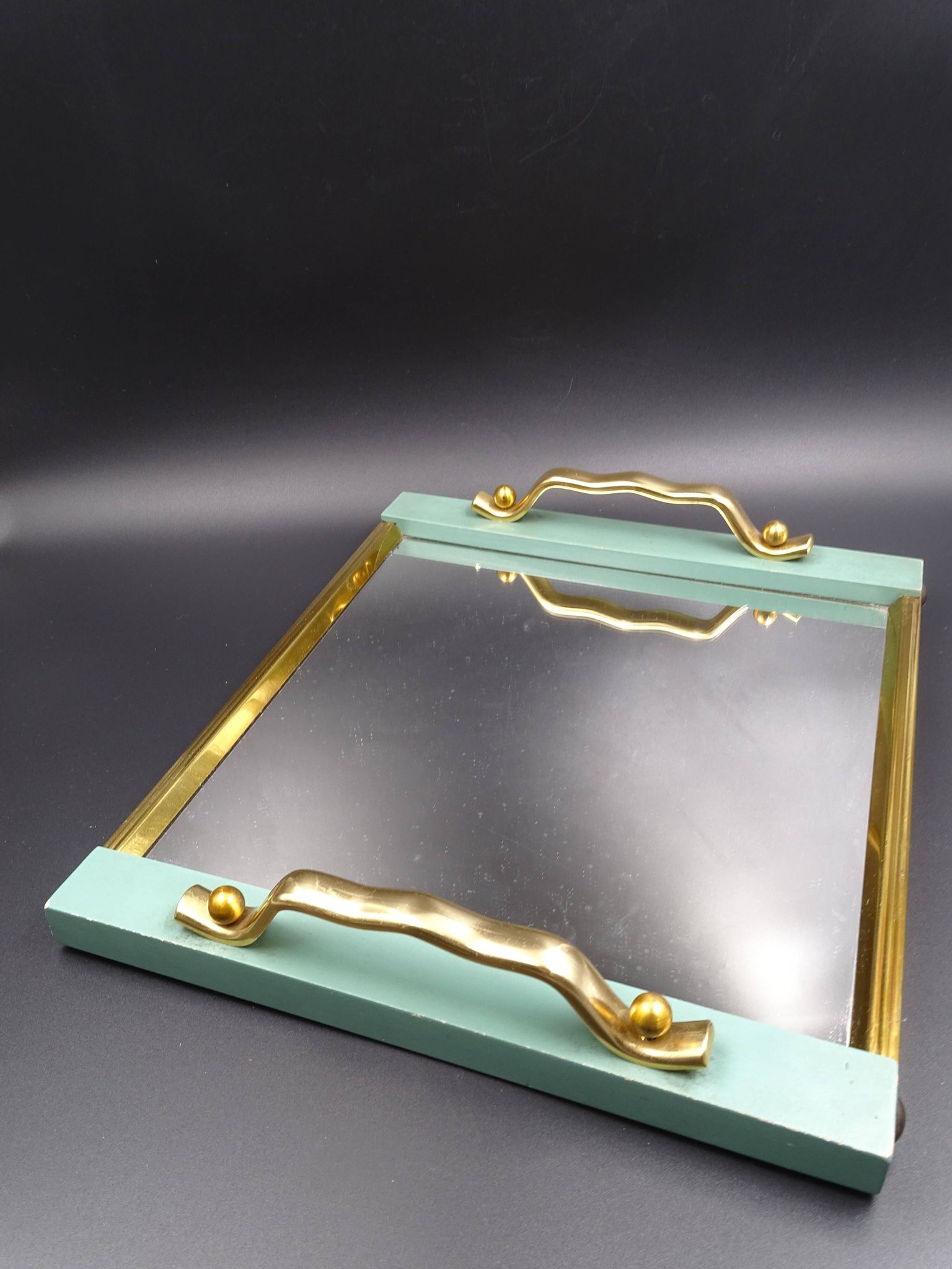 Plateau en bois métal et miroir vers 1950