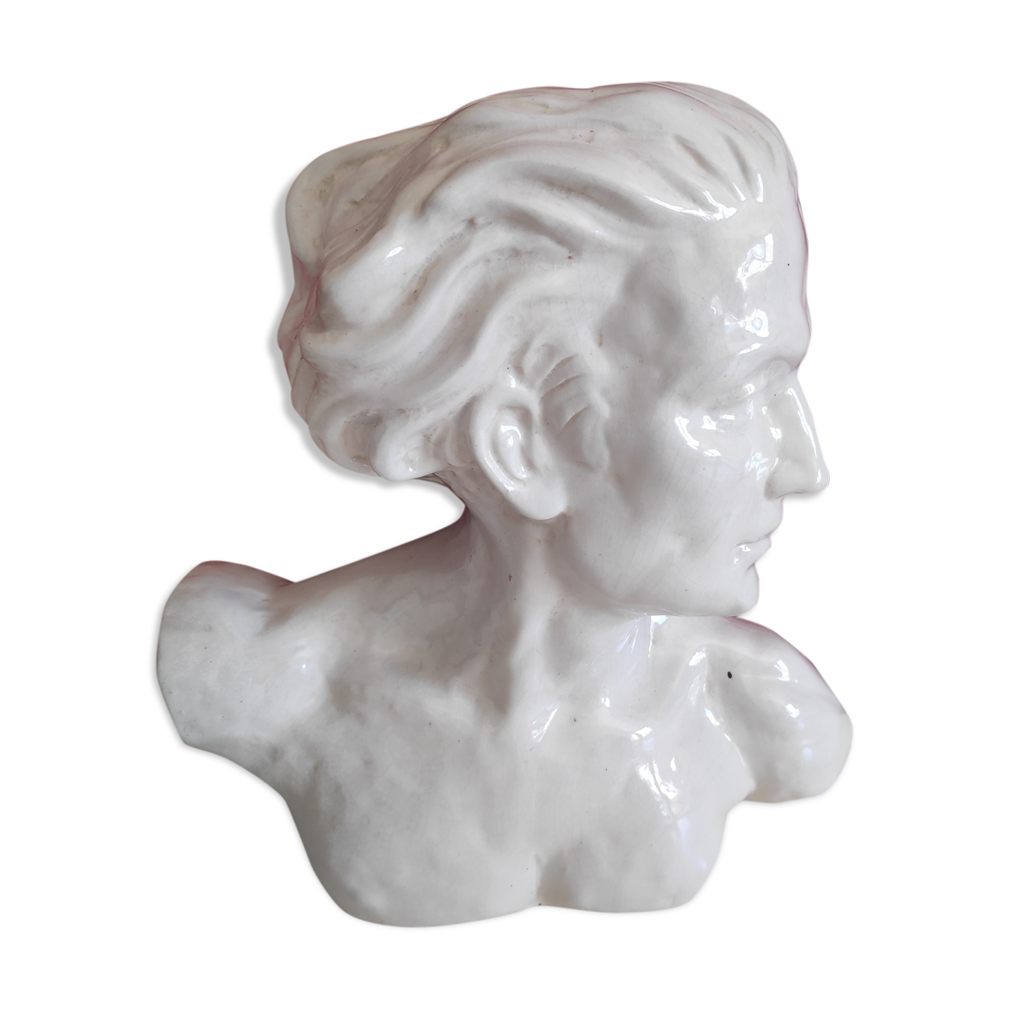 Bust of J. Mermoz in white cracked ceramic by H. Laurens