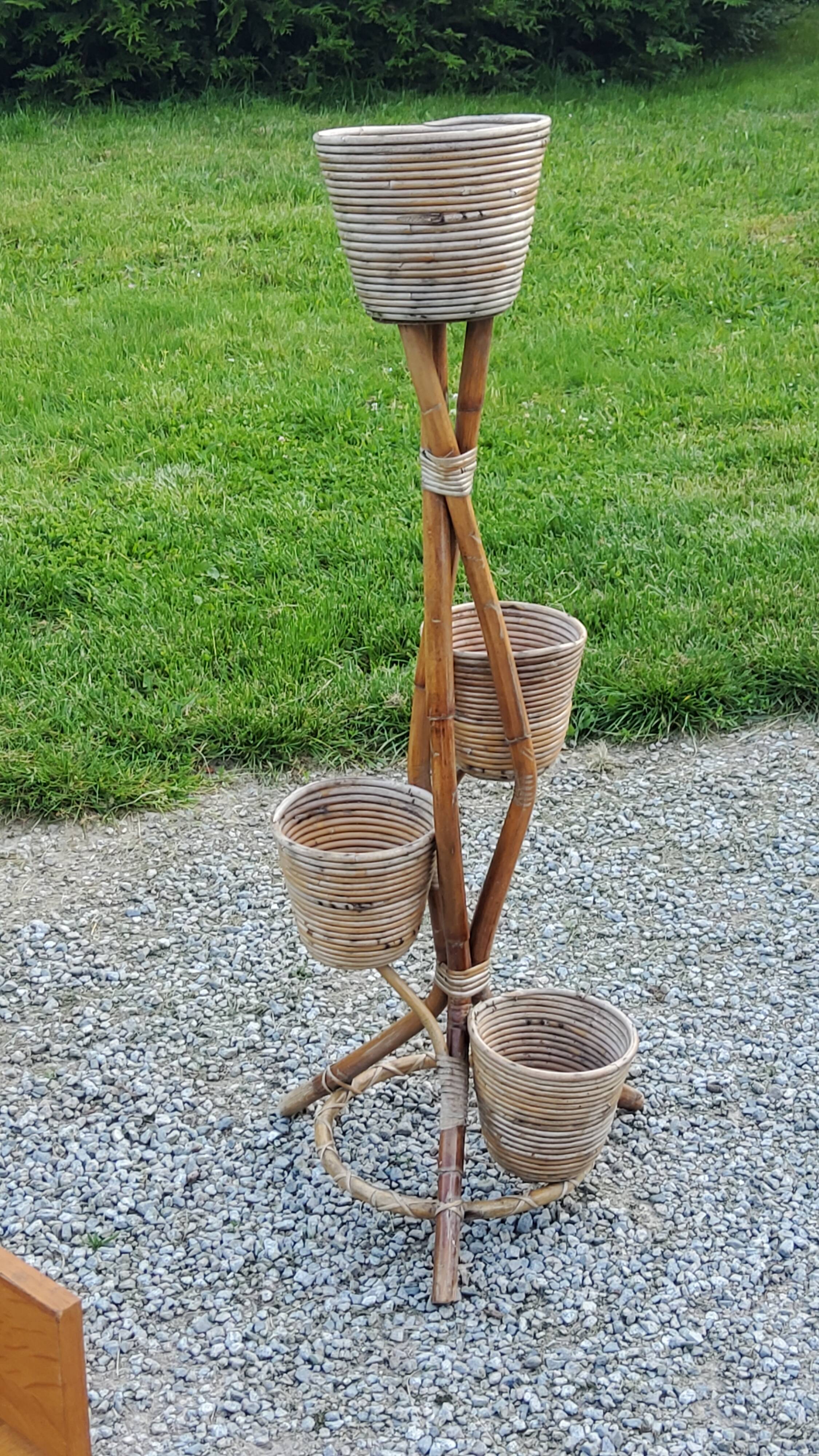 Rattan and bamboo plant holder from the 50s