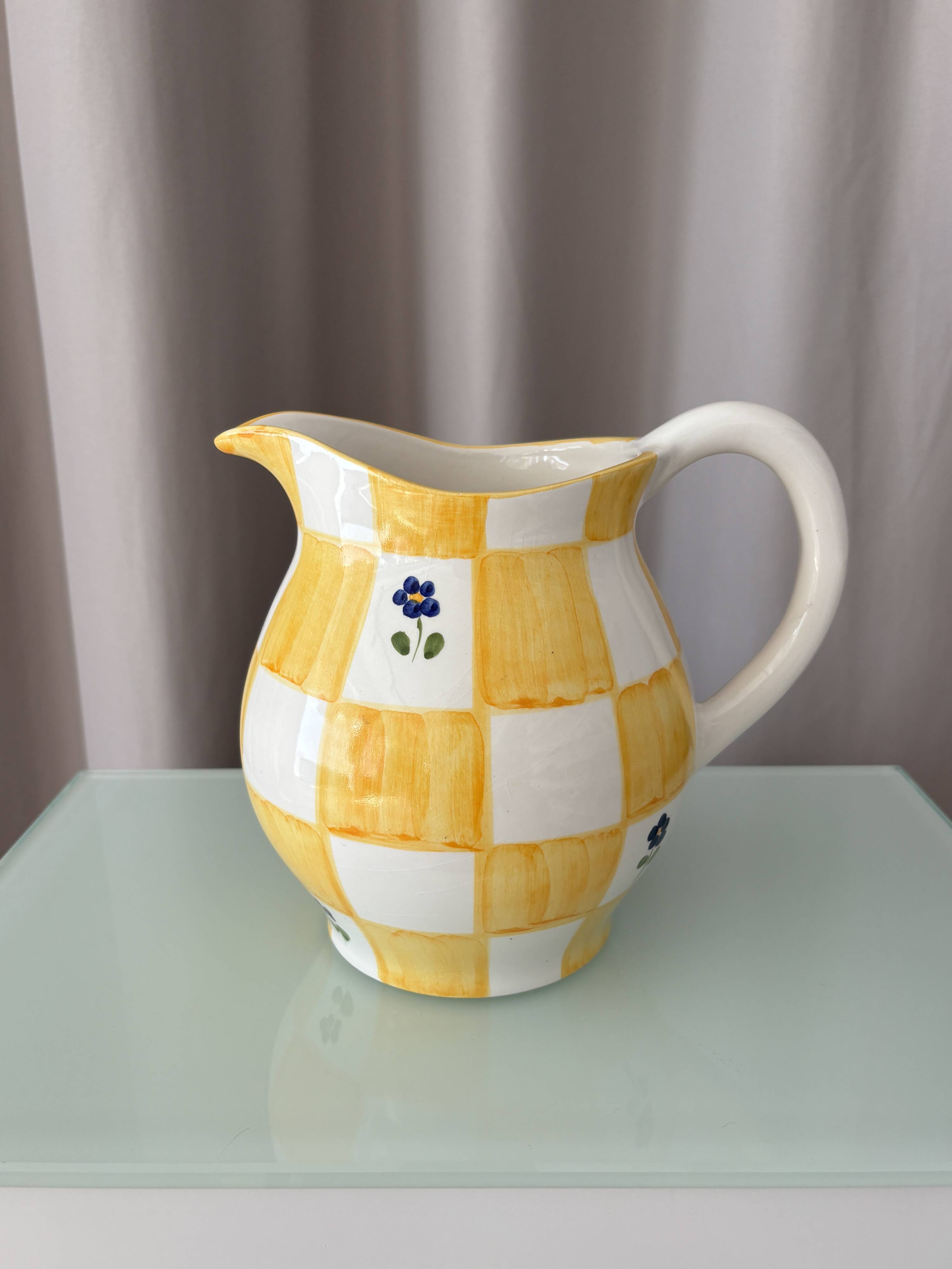 Cottagecore hand-painted ceramic jug – yellow check & blue flowers