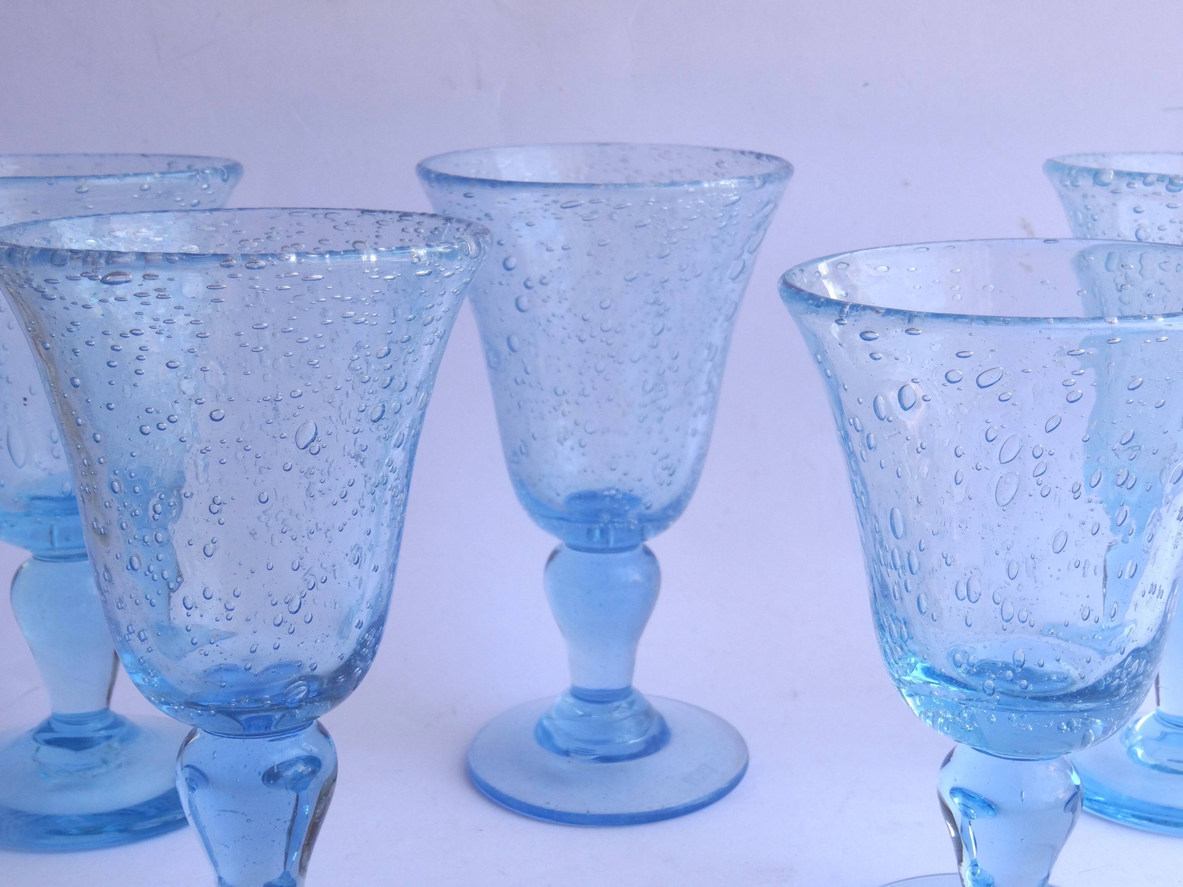 5 glasses with blue Biot stemmed