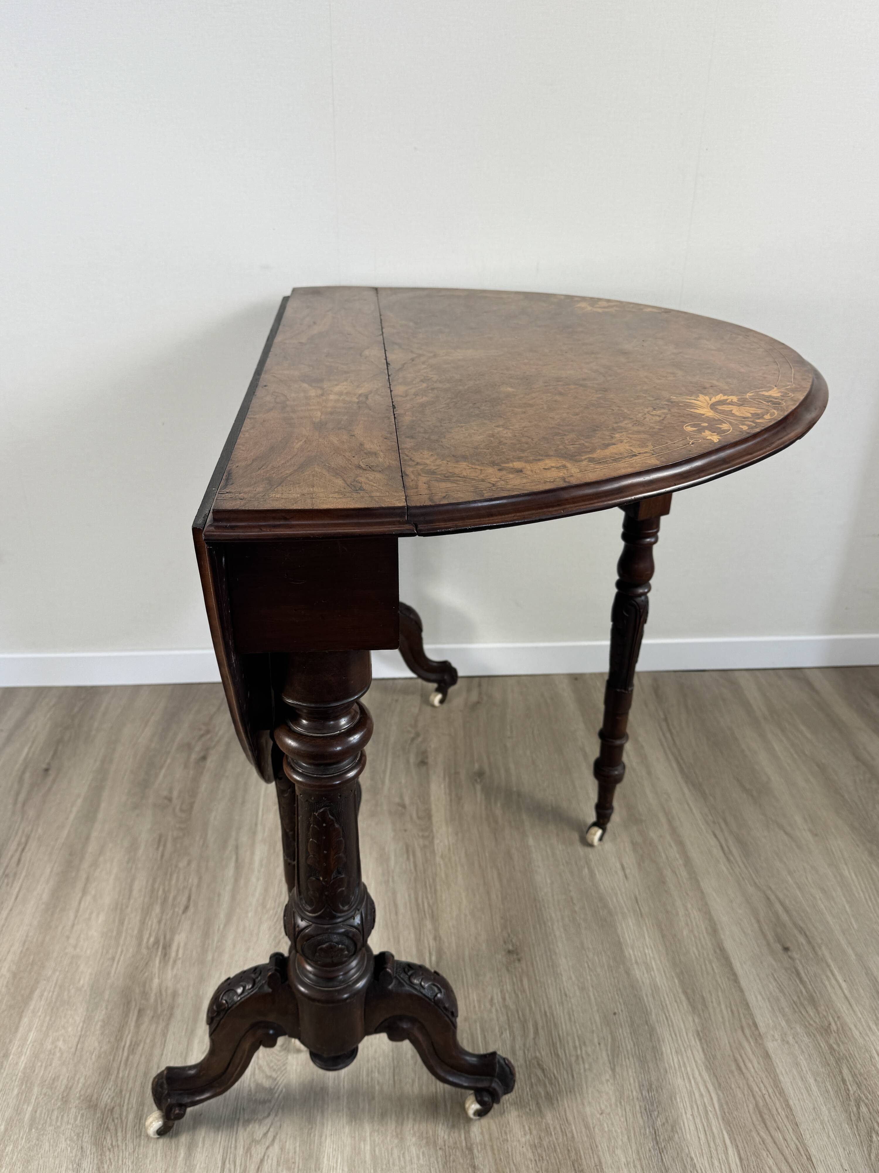 Victorian Sutherland table — walnut burl inlaid top
