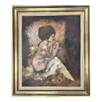 peinture huile sur canvas Années 60/70 – Nu féminin pensif par C. D’Avignon