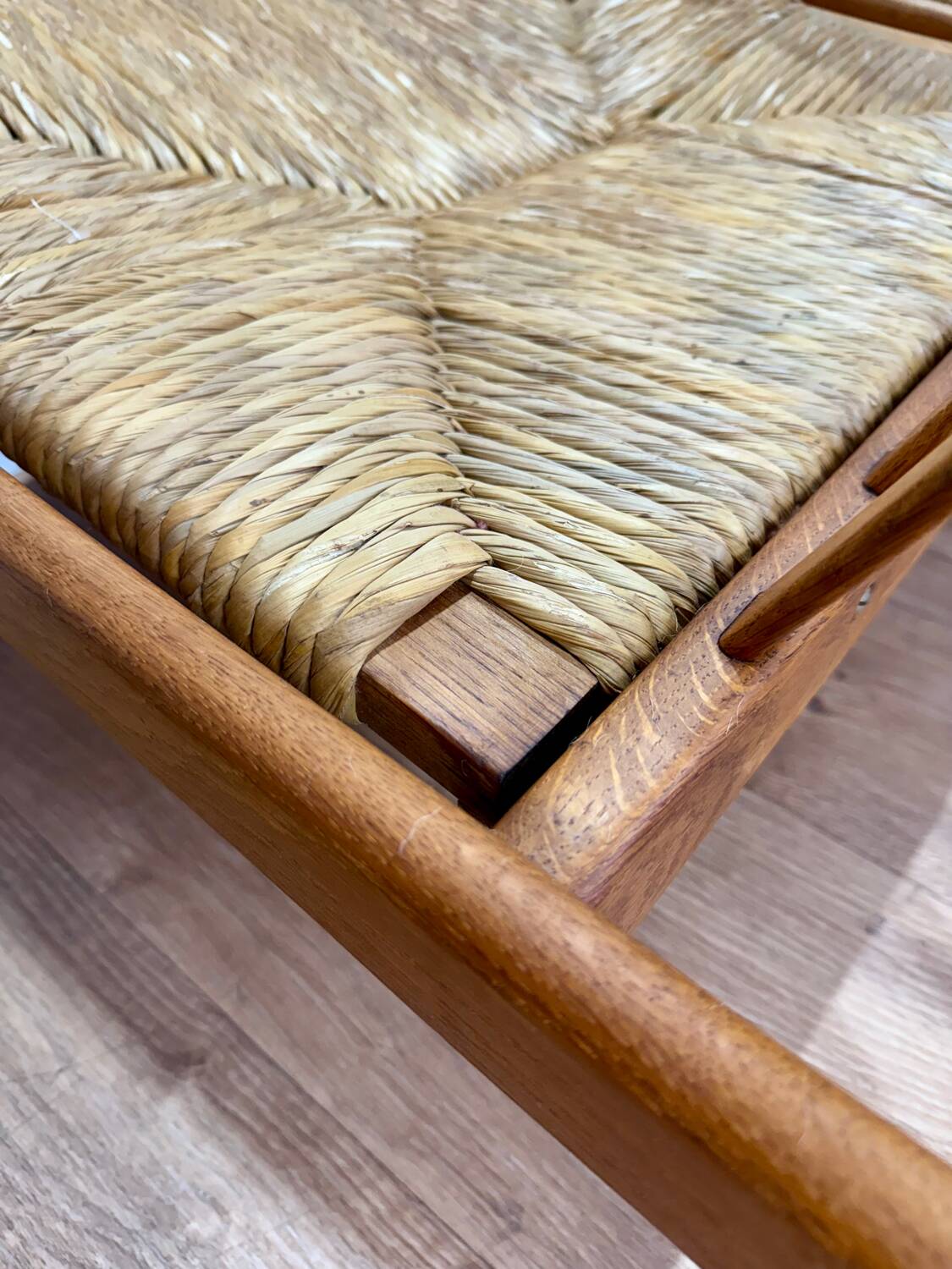 Pair of wooden and straw armchairs