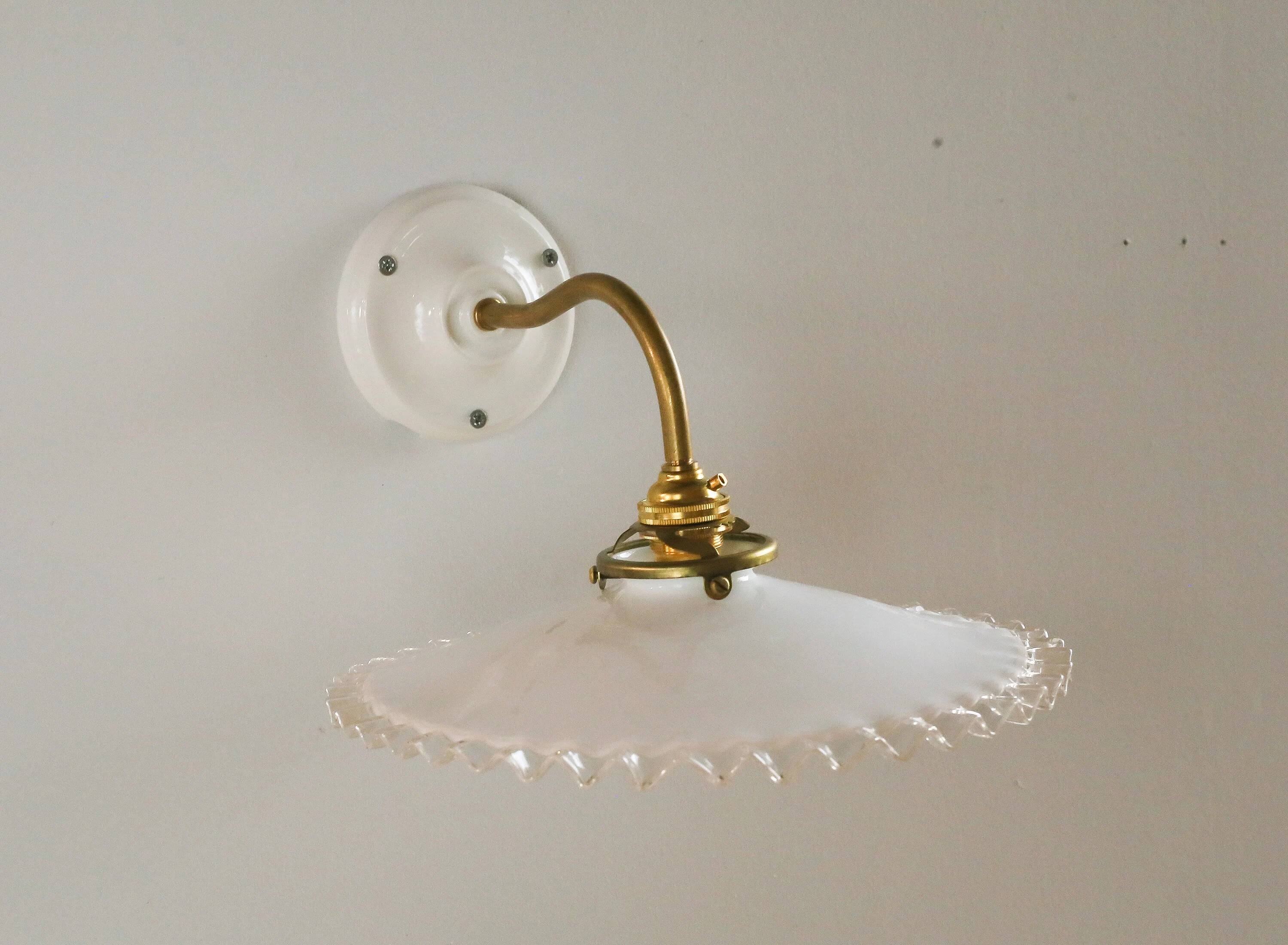 Wall light in white opaline glass, with ceramic and brass support
