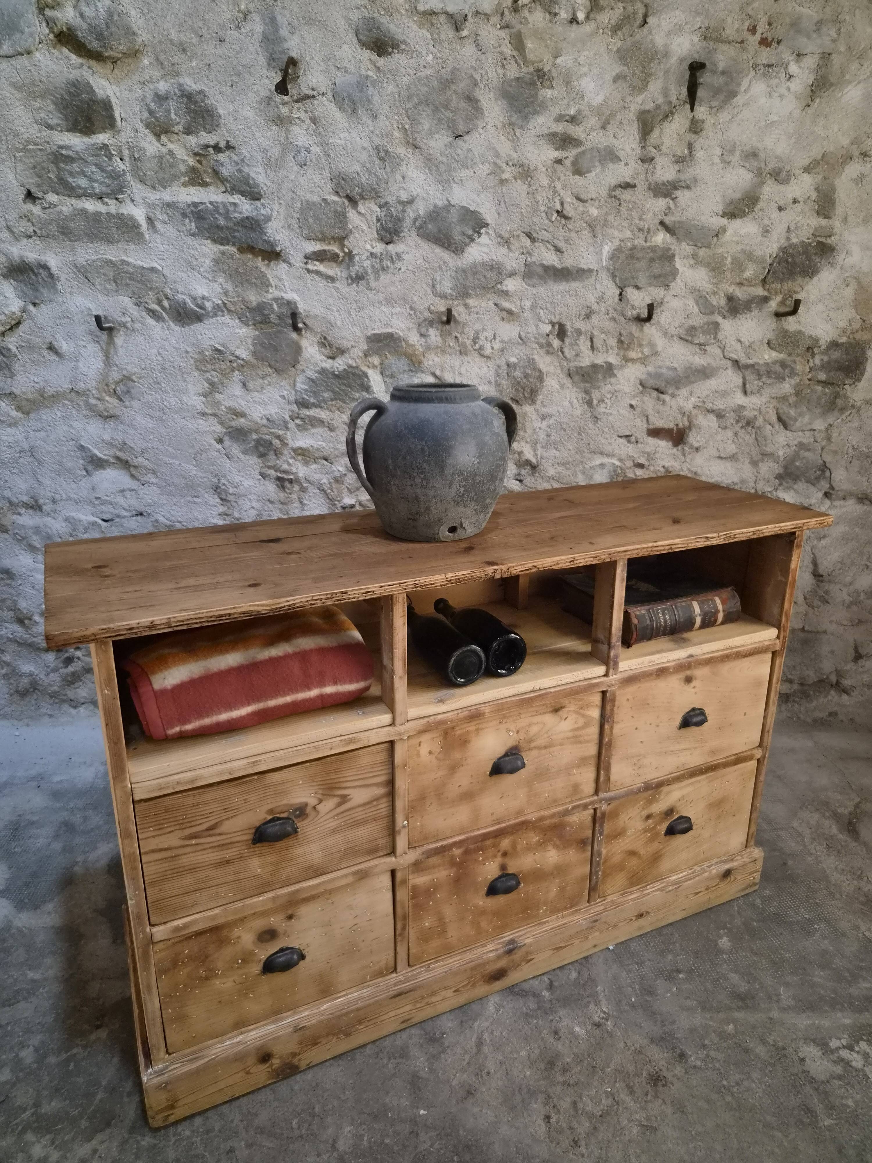 Comptoir de magasin français ancien en pin, meuble à 6 tiroirs, comptoir de magasin, îlot de cuisine, vers 1900