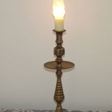 Tall Heavy Brass Electrified Moroccan Candlestick Lamp Mid-20th Century