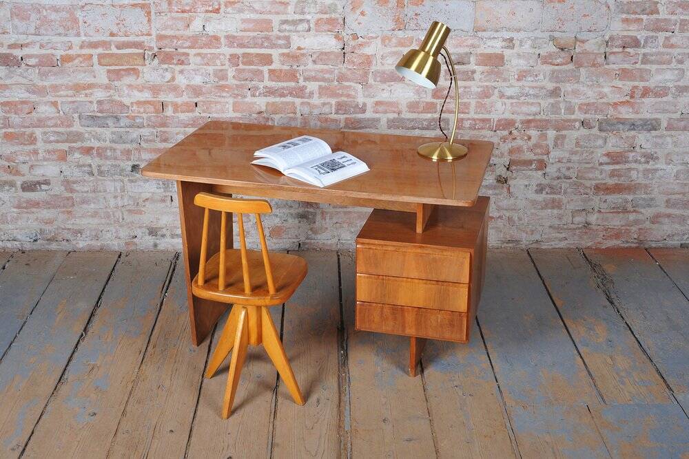 Mid-Century Walnut and Oak Writing Desk from B. Landsman, Czech, 1950s