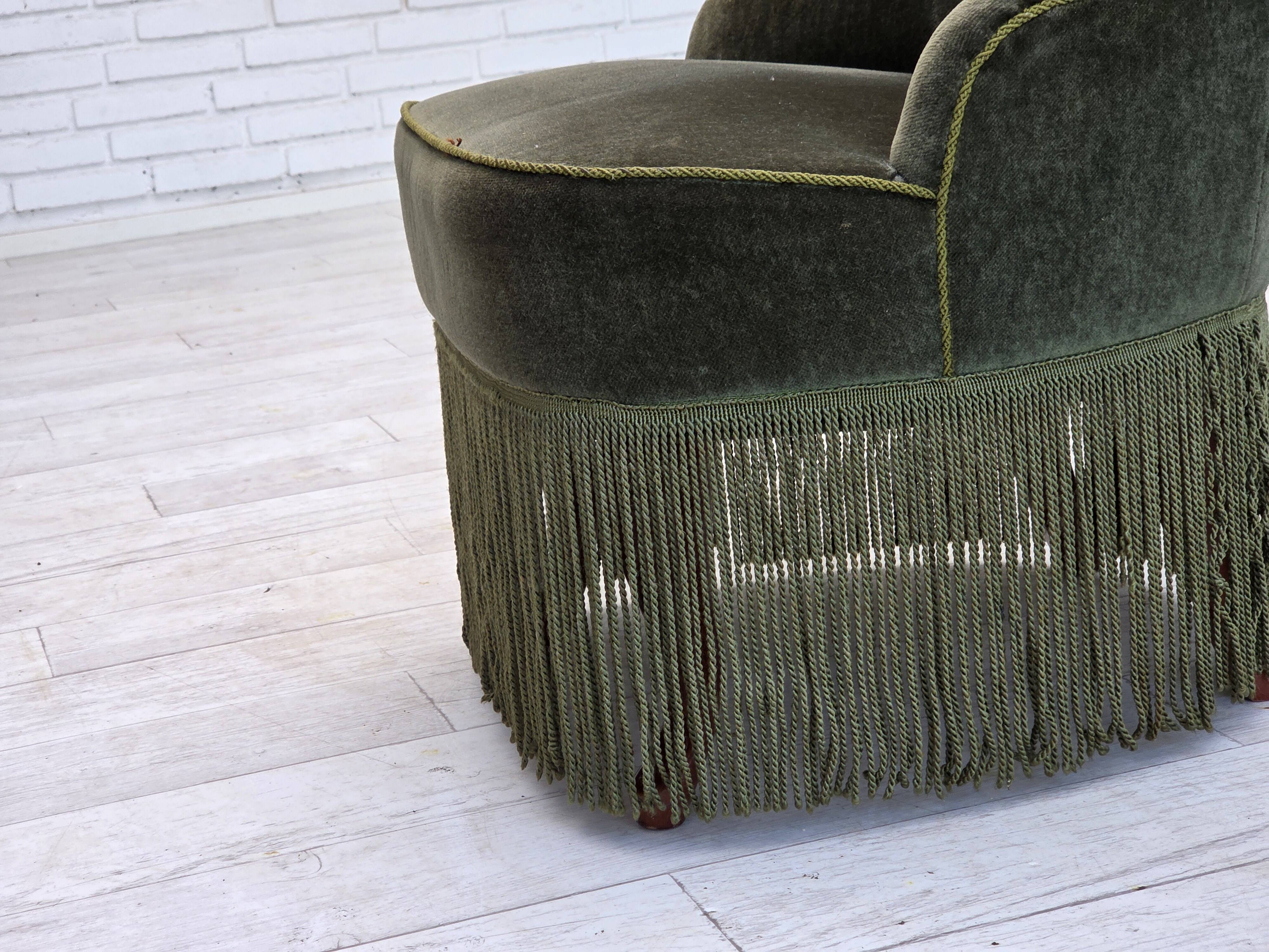 1970s, Danish side chair, green furniture velour, beech wood legs.