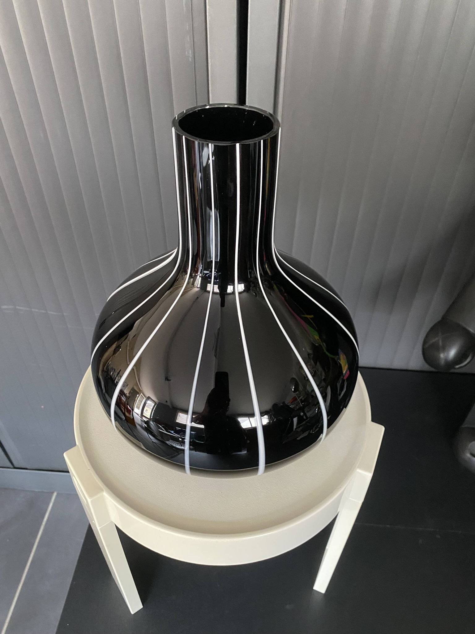 Black glass vase with white stripes, vintage 1950.