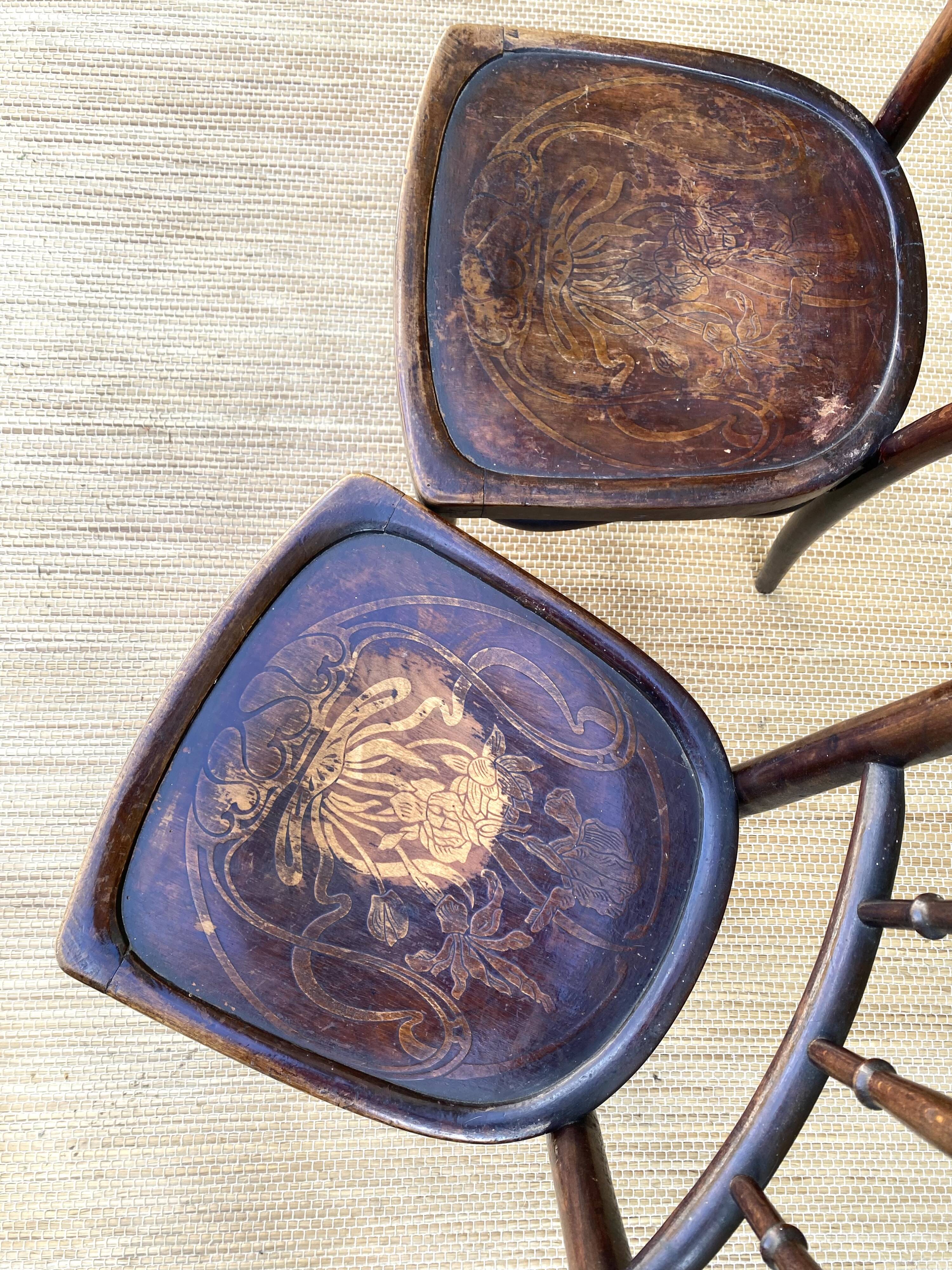 Pair of Thonet bistro chairs with flower decor, art nouveau