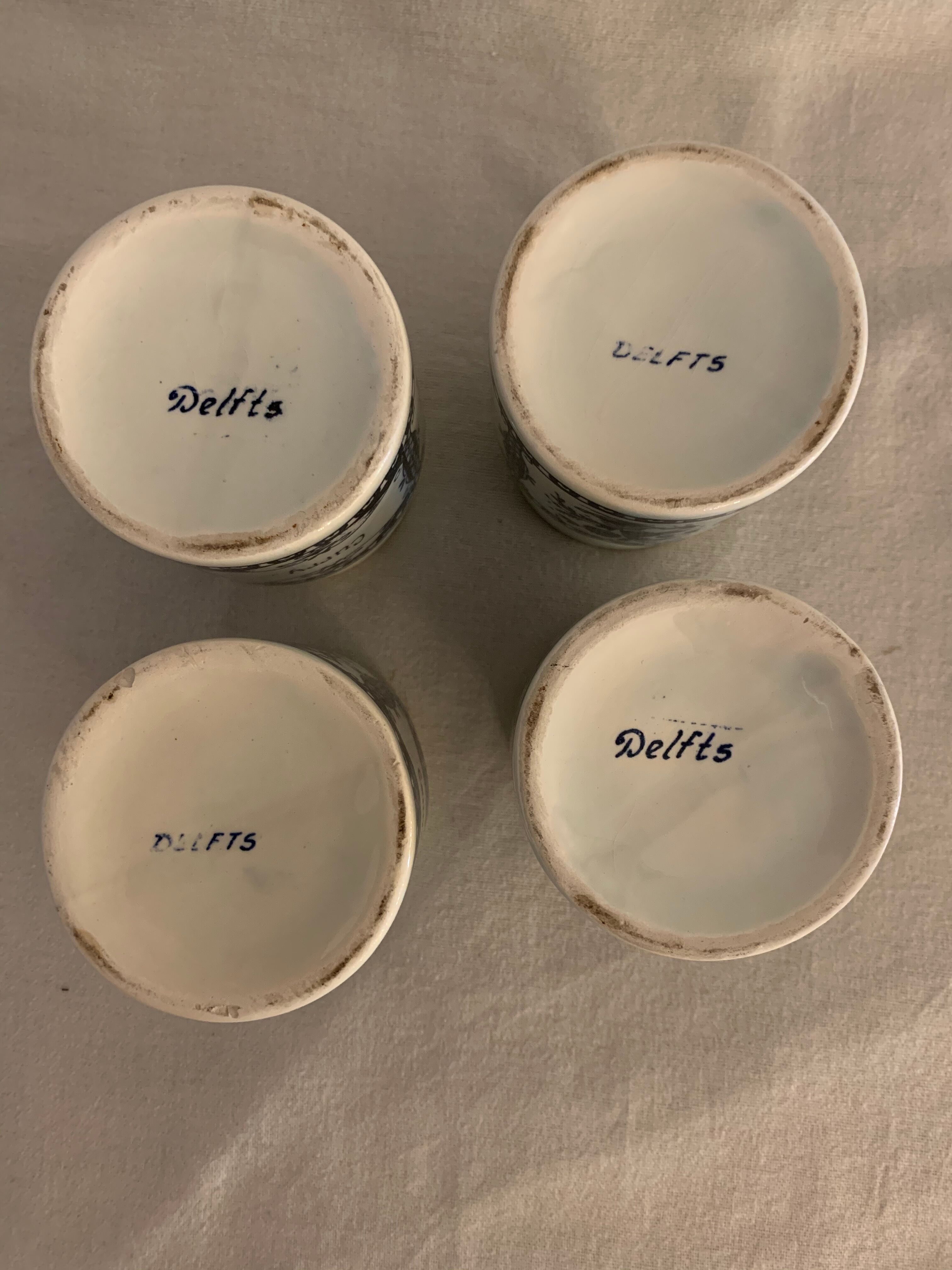 4 old blue and white delfts earthenware spice jars