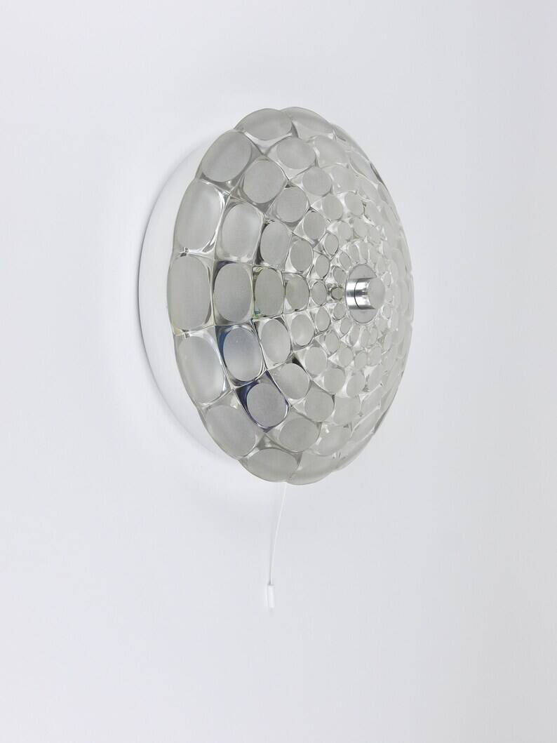 Peill & Putzer Large Round Op Art Glass Sconce, Wall Lamp, Flush Mount, Germany, 1970s