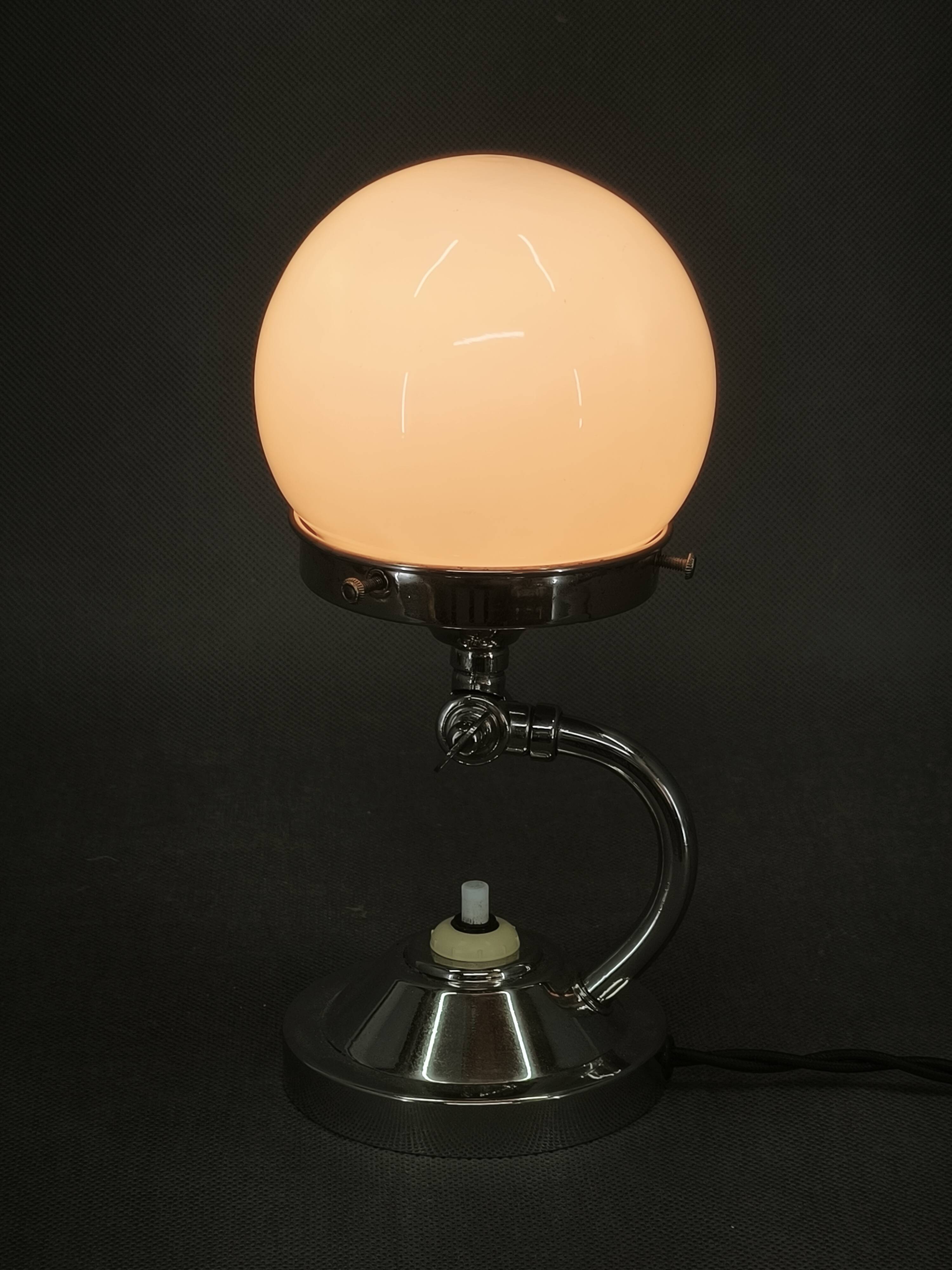 1930s Bauhaus Nickel and Opaline Glass Table Lamp, Czechoslovakia