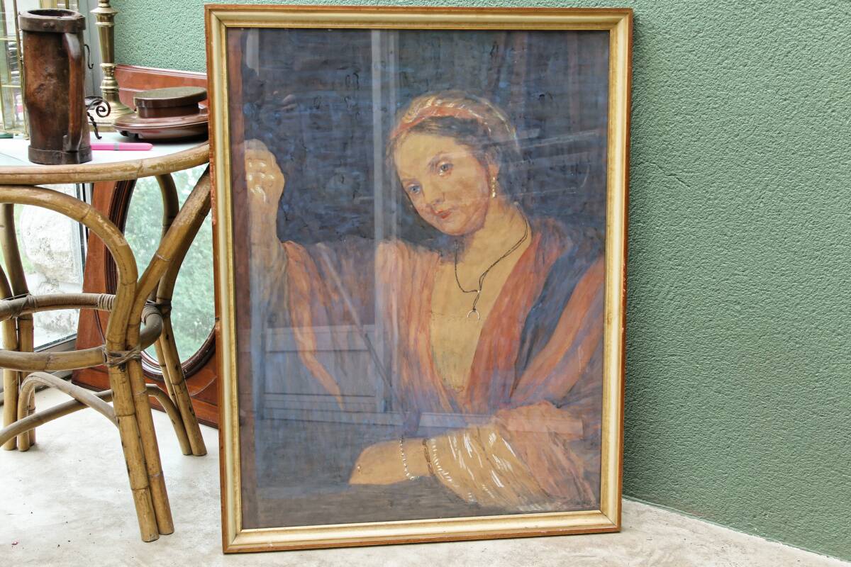 Pastel orientaliste, femme au turban, signé Wolff