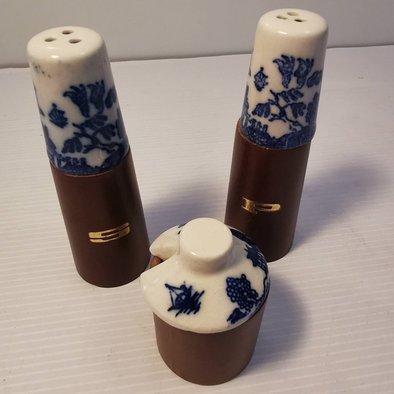 Vintage salt shaker, pepper shaker and mustard pot set in wood and ceramic
