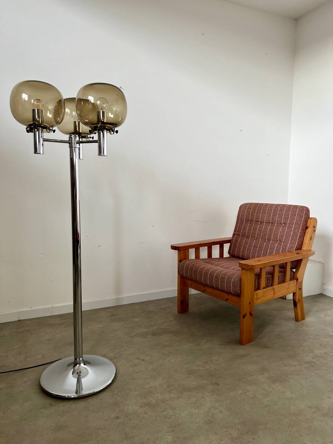 Old 3-light chrome and smoked glass floor lamp Italian design from the 70s vintage