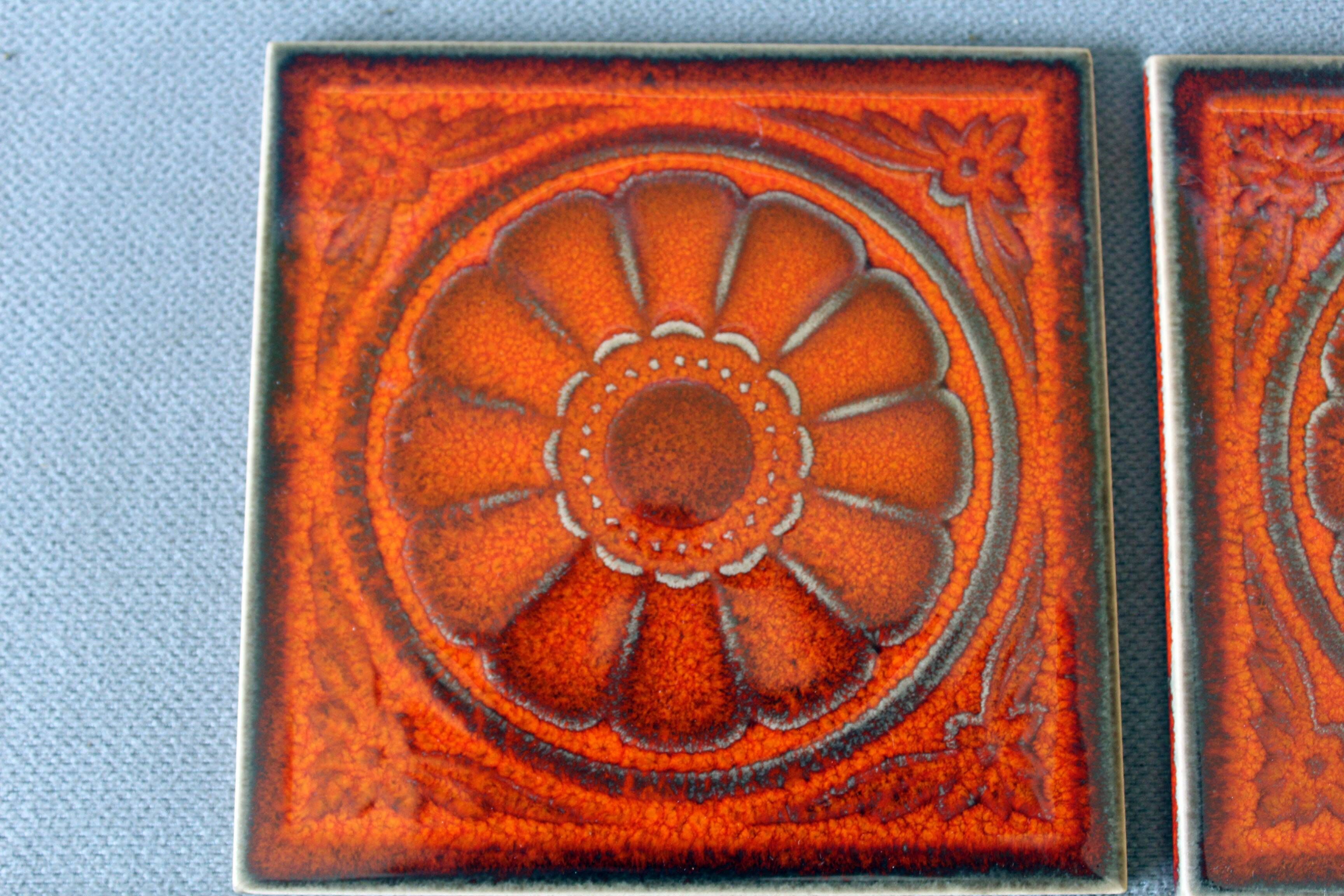 Vintage 5 Villeroy and Boch small tiles, 1960s-70s, orange flowers