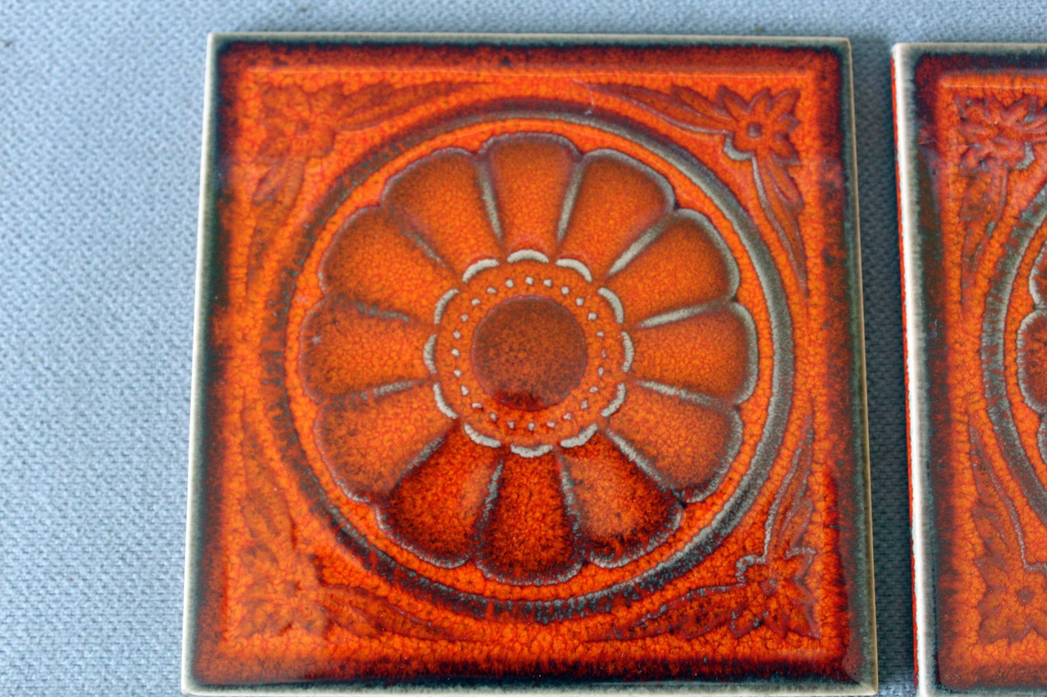Vintage 5 Villeroy and Boch small tiles, 1960s-70s, orange flowers
