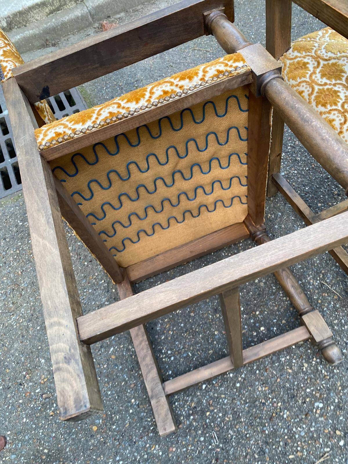 2 Henri II armchairs in solid wood and yellow-beige velvet.