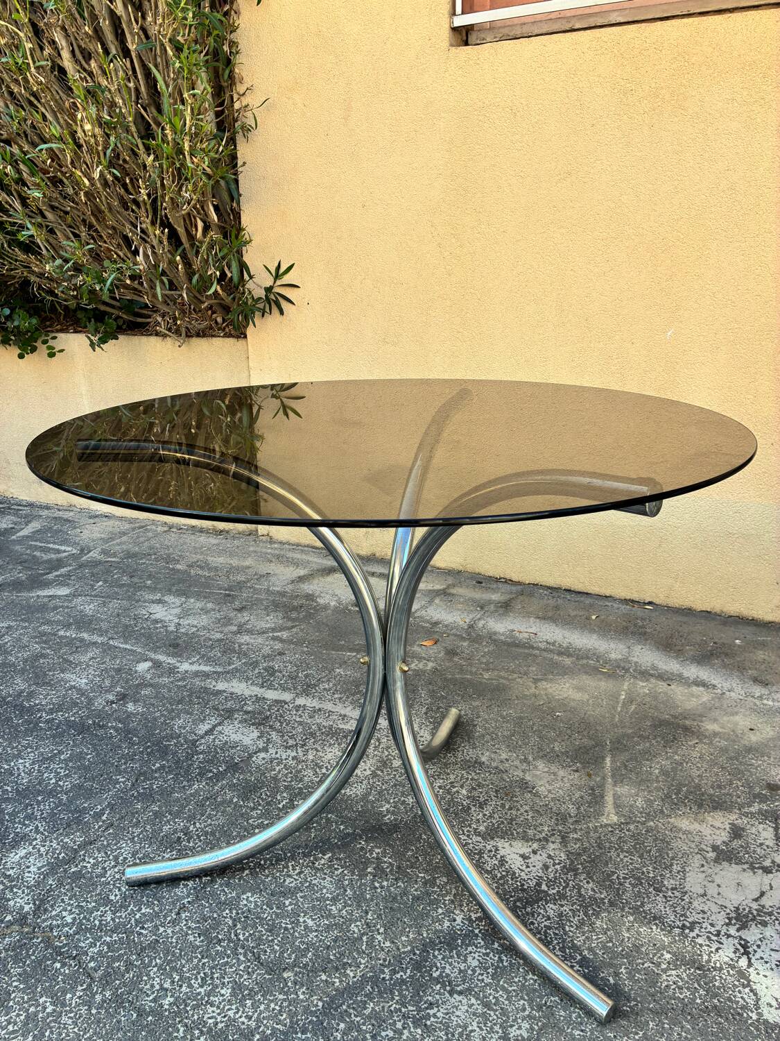 70s chrome metal and smoked glass table