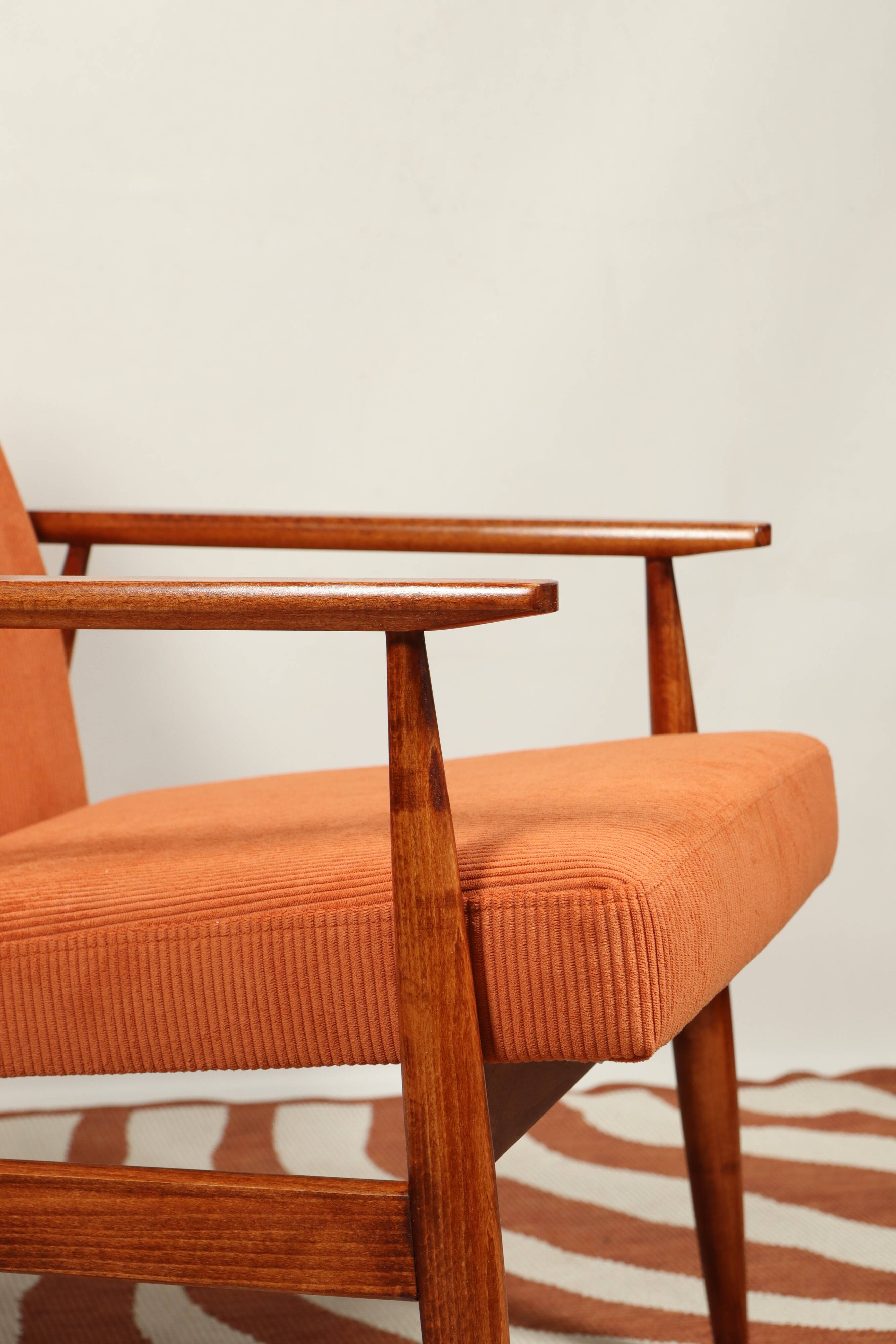 Vintage armchair orange burt corduroy upholstery , Henryk Lis, 1960, Poland