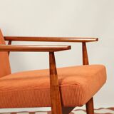 Vintage armchair orange burt corduroy upholstery , Henryk Lis, 1960, Poland