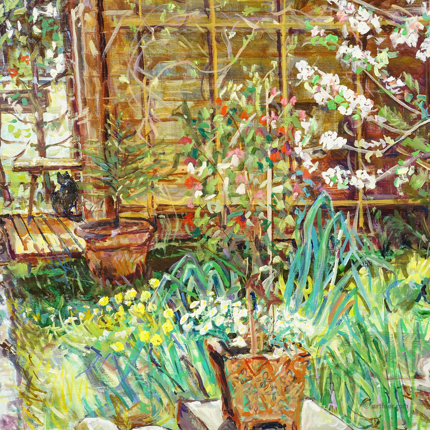 Garden with flowering apple tree – oil painting by Alexander Michael, 1997