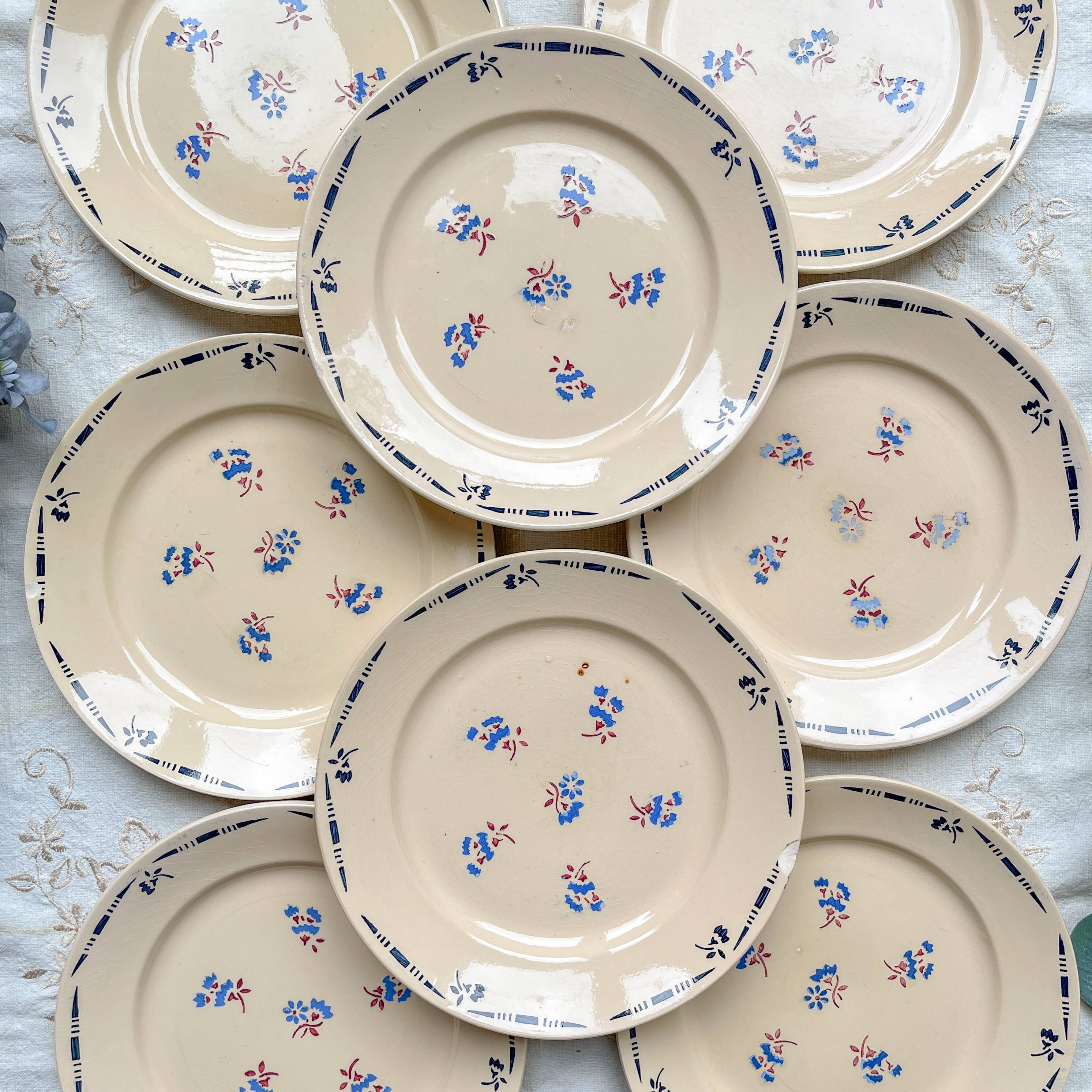 8 vintage K&G Luneville "Flore" porcelain dinner plates, 1950s, small blue flowers