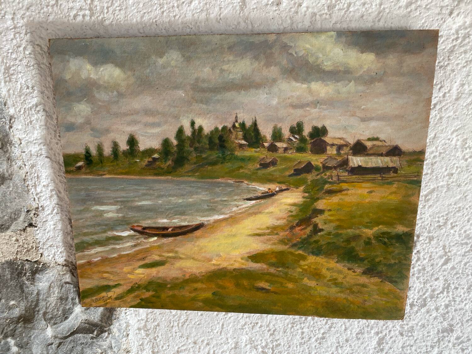 Gouache on panel “village by the water”