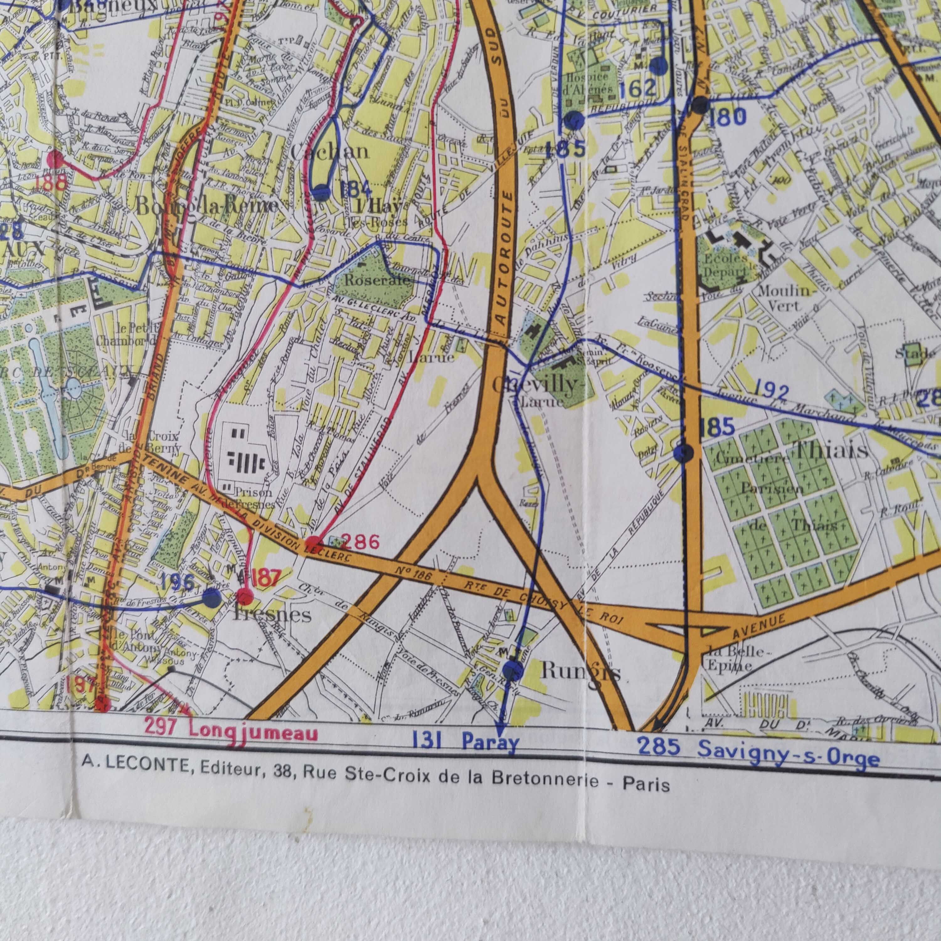 Vintage map 1970 Paris and its suburbs 75x55cm duplex