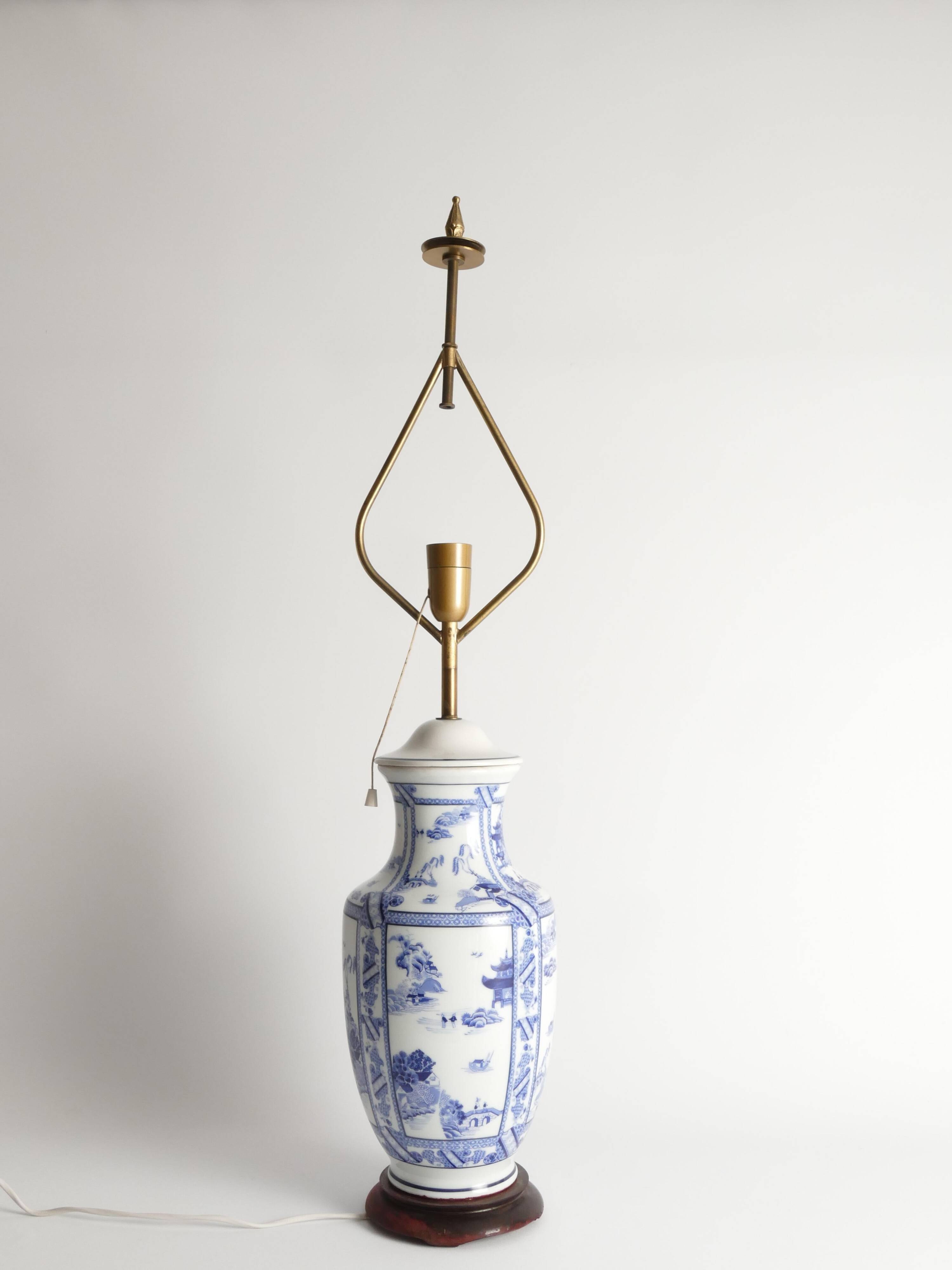 French Blue & White Willow Porcelain Table Lamp, by Louis Drimmer, Limoges