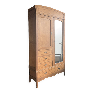 Large Art Nouveau wardrobe in oak and flamed maple.