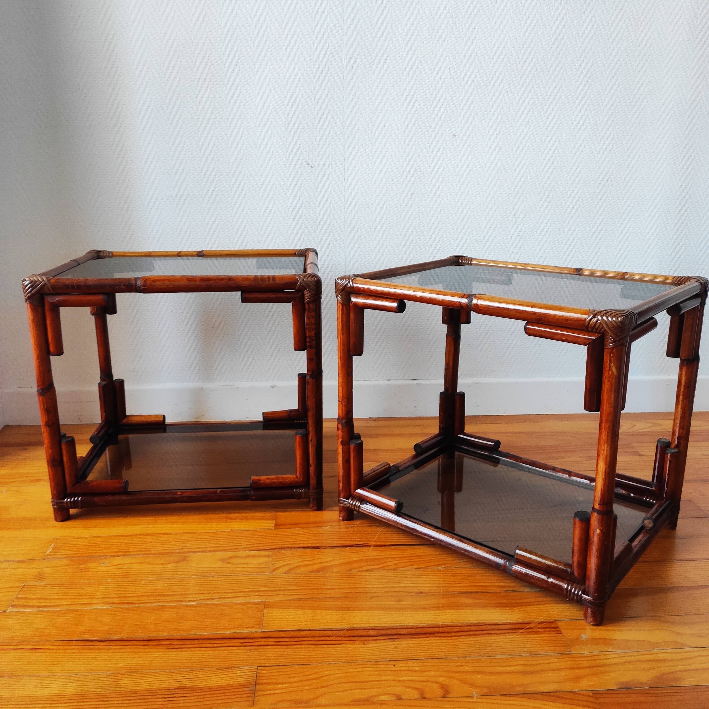 Pair of bedside tables - rattan smoked glass side tables vintage 70s-80s
