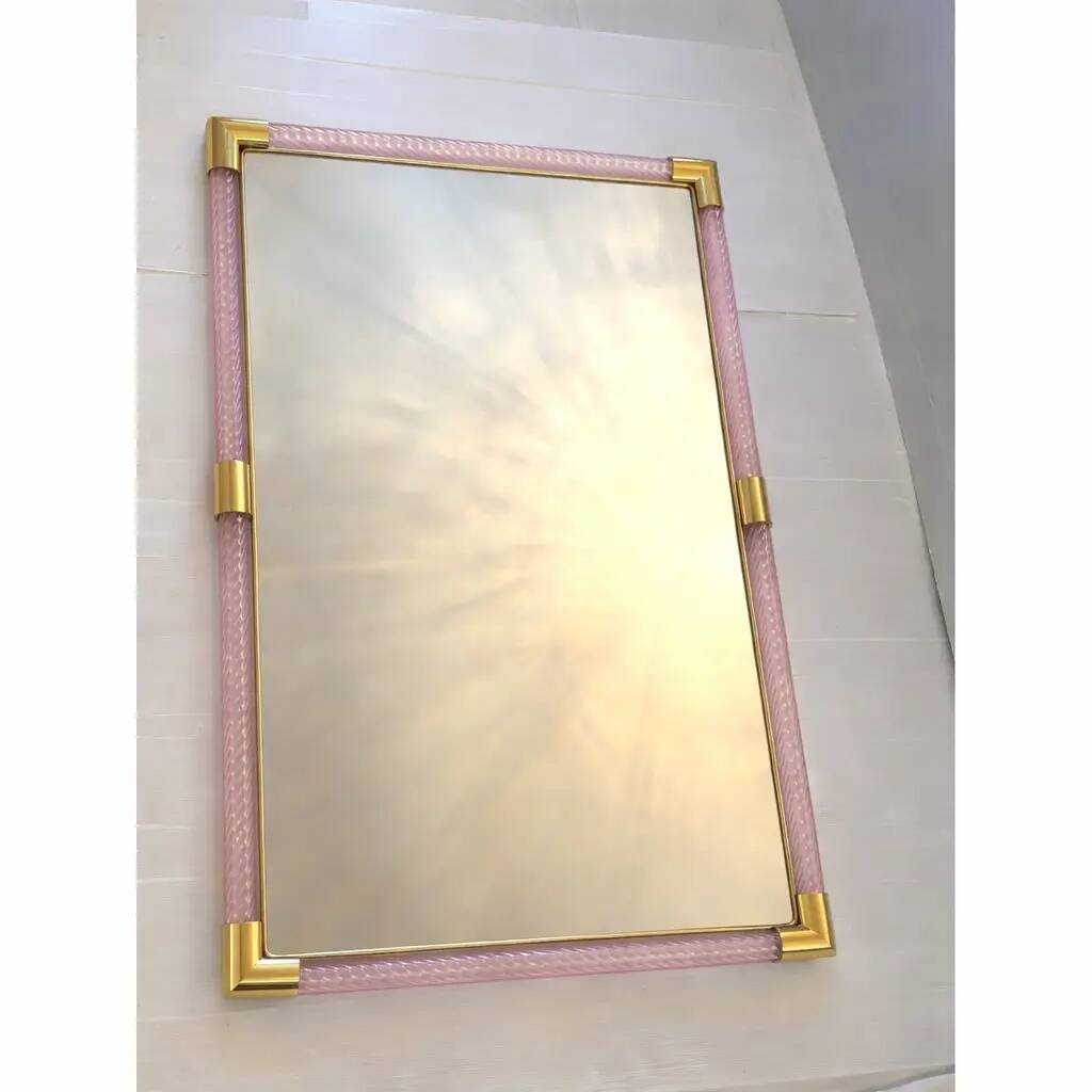 Elegant Modern Pink and Gold Mirror with Torchon Murano Glass Work