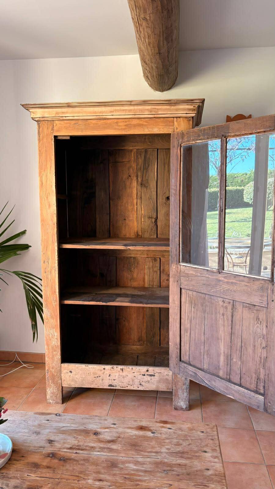 Antique bonnetière, stripped solid wood — honey patina — Provençal farmhouse style.