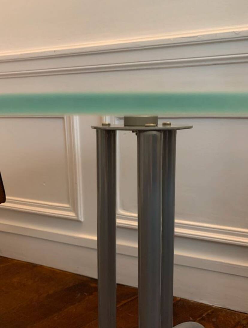 Metal and glass tripod pedestal table