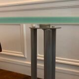 Metal and glass tripod pedestal table
