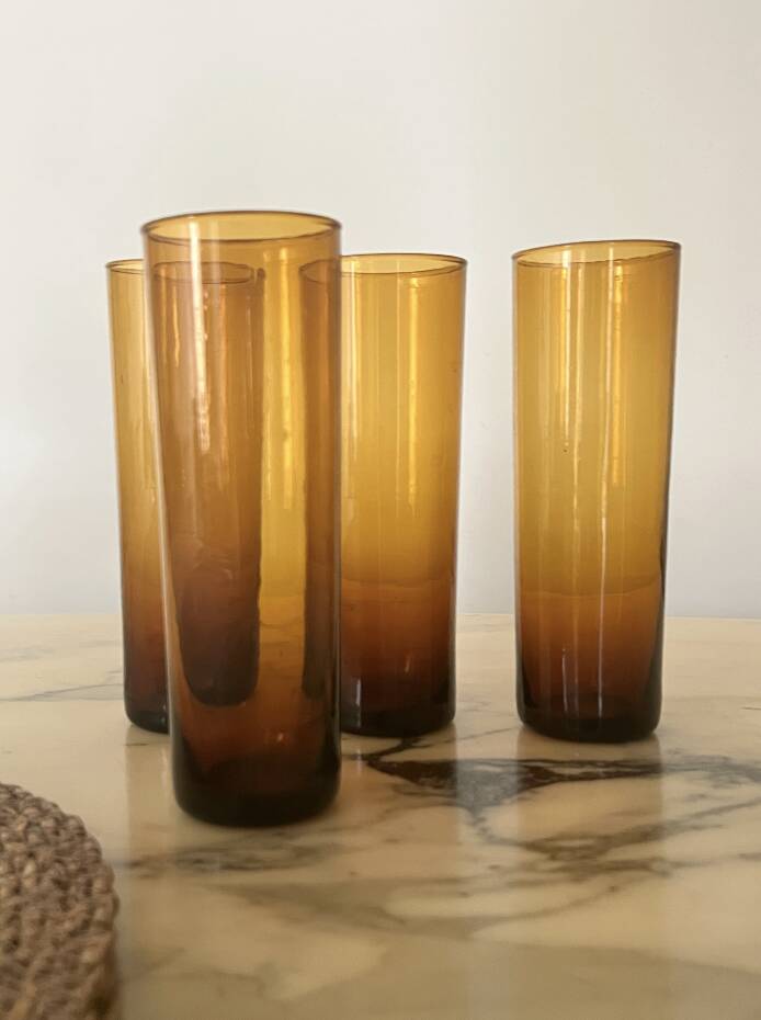 Set of 4 smoky amber brown water/orangeade glasses, France 1970.