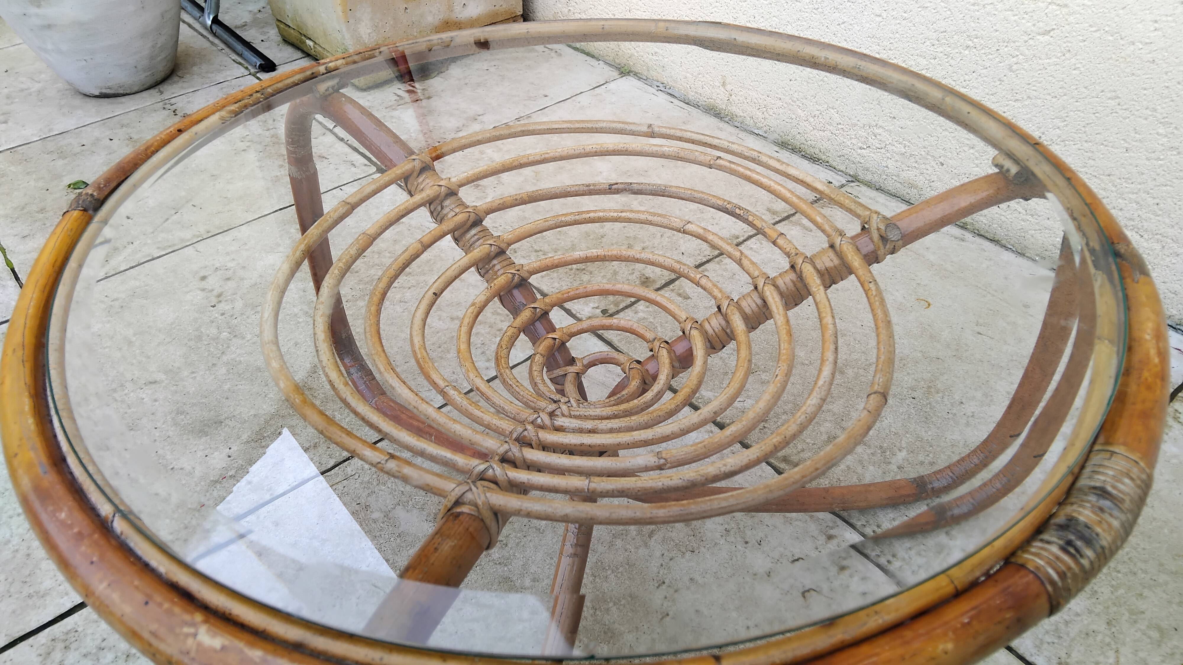 Vintage wicker and glass coffee table